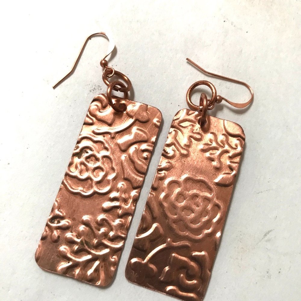 Embossed Roses Earrings Solid Copper Modern Drop Dangle African Bold Statement - Picture 3 of 5